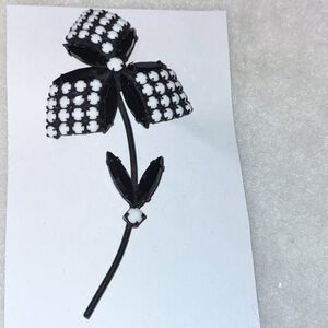 Milk Glass  Black & White Rhinestone Flower Brooch